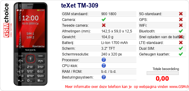 teXet TM-309 Technische gegevens teXet TM-309 Technische gegevens