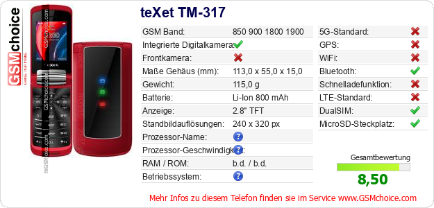 teXet TM-317 technische Daten teXet TM-317 technische Daten
