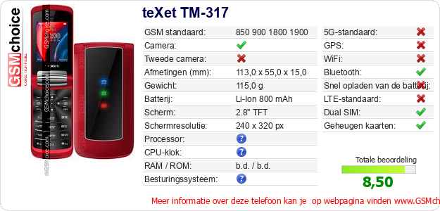 teXet TM-317 Technische gegevens 