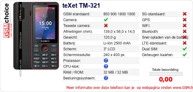 teXet TM-321 Technische gegevens teXet TM-321 Technische gegevens