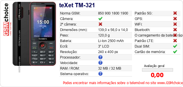 teXet TM-321 Especificações técnicas do telemóvel teXet TM-321 Especificações técnicas do telemóvel