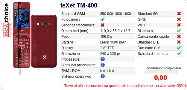 teXet TM-400 Dati tecnici di telefono cellulare teXet TM-400 Dati tecnici di telefono cellulare