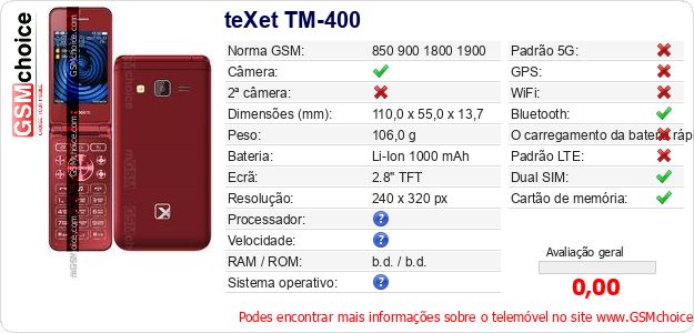 teXet TM-400 Especificações técnicas do telemóvel teXet TM-400 Especificações técnicas do telemóvel
