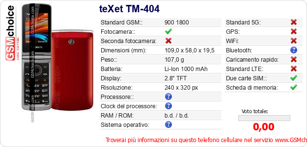teXet TM-404 Dati tecnici di telefono cellulare teXet TM-404 Dati tecnici di telefono cellulare