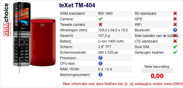 teXet TM-404 Technische gegevens teXet TM-404 Technische gegevens