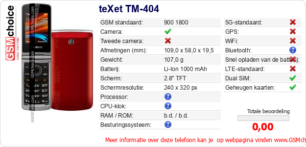 teXet TM-404 Technische gegevens 
