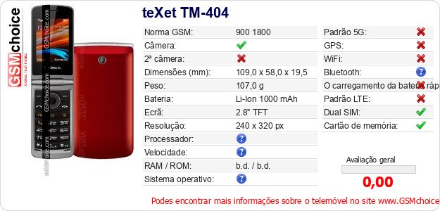 teXet TM-404 Especificações técnicas do telemóvel teXet TM-404 Especificações técnicas do telemóvel