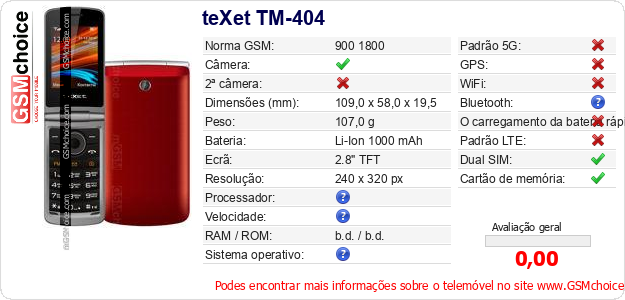 teXet TM-404 Especificações técnicas do telemóvel 