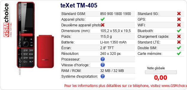 teXet TM-405 Fiche technique