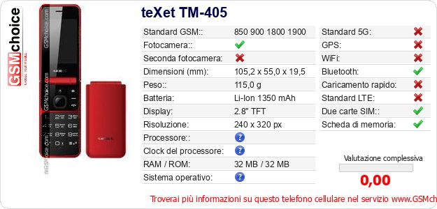 teXet TM-405 Dati tecnici di telefono cellulare teXet TM-405 Dati tecnici di telefono cellulare