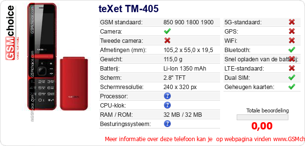teXet TM-405 Technische gegevens 
