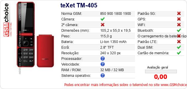 teXet TM-405 Especificações técnicas do telemóvel teXet TM-405 Especificações técnicas do telemóvel