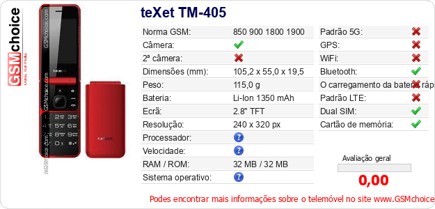 teXet TM-405 Especificações técnicas do telemóvel 