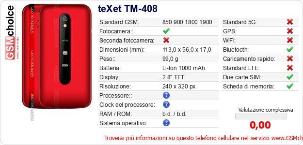 teXet TM-408 Dati tecnici di telefono cellulare teXet TM-408 Dati tecnici di telefono cellulare