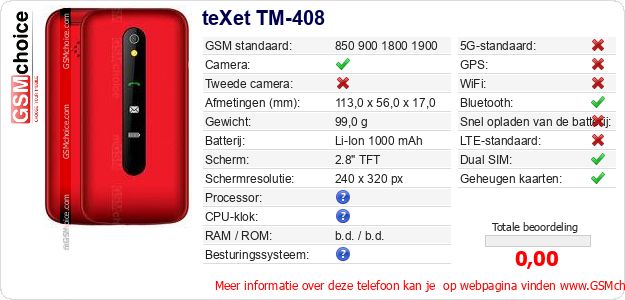 teXet TM-408 Technische gegevens teXet TM-408 Technische gegevens