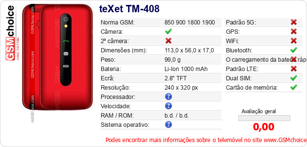 teXet TM-408 Especificações técnicas do telemóvel teXet TM-408 Especificações técnicas do telemóvel