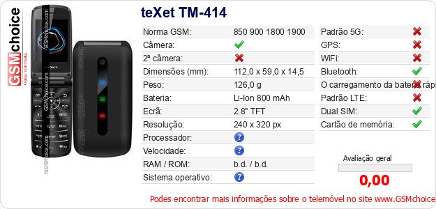 teXet TM-414 Especificações técnicas do telemóvel teXet TM-414 Especificações técnicas do telemóvel