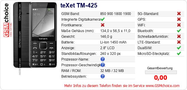 teXet TM-425 technische Daten teXet TM-425 technische Daten