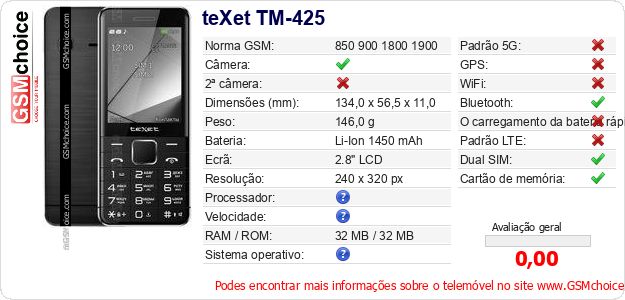 teXet TM-425 Especificações técnicas do telemóvel 