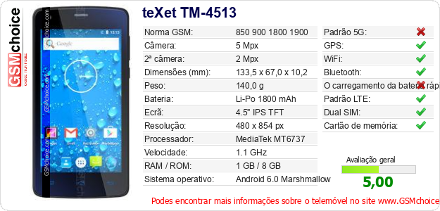 teXet TM-4513 Especificações técnicas do telemóvel 