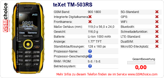 teXet TM-503RS technische Daten teXet TM-503RS technische Daten