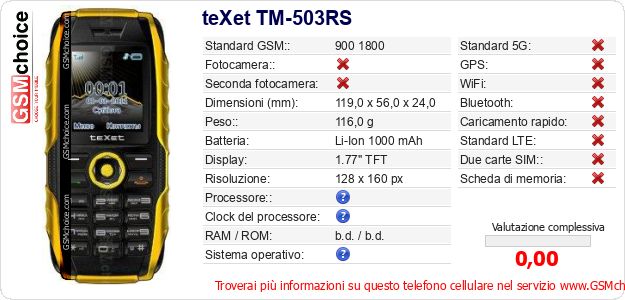 teXet TM-503RS Dati tecnici di telefono cellulare teXet TM-503RS Dati tecnici di telefono cellulare