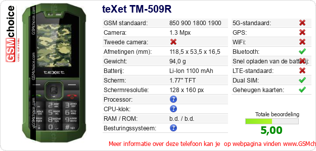 teXet TM-509R Technische gegevens teXet TM-509R Technische gegevens