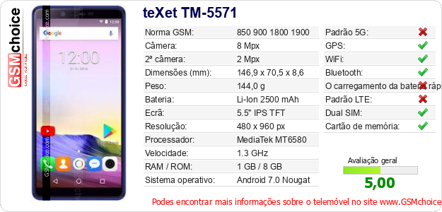 teXet TM-5571 Especificações técnicas do telemóvel teXet TM-5571 Especificações técnicas do telemóvel