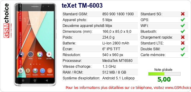 teXet TM-6003 Fiche technique