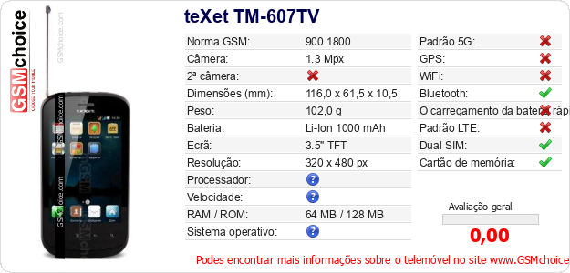teXet TM-607TV Especificações técnicas do telemóvel teXet TM-607TV Especificações técnicas do telemóvel