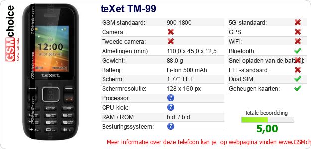 teXet TM-99 Technische gegevens teXet TM-99 Technische gegevens