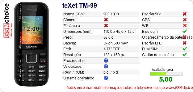 teXet TM-99 Especificações técnicas do telemóvel 