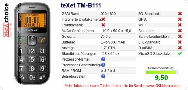 teXet TM-B111 technische Daten teXet TM-B111 technische Daten