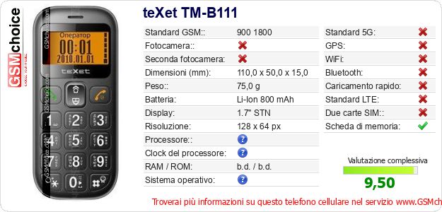 teXet TM-B111 Dati tecnici di telefono cellulare teXet TM-B111 Dati tecnici di telefono cellulare