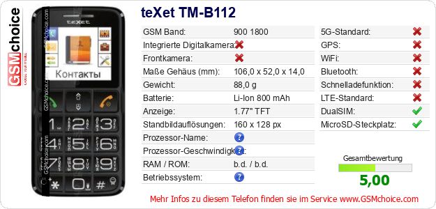 teXet TM-B112 technische Daten teXet TM-B112 technische Daten