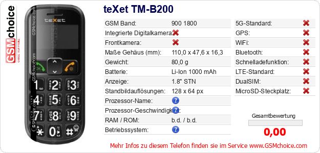teXet TM-B200 technische Daten teXet TM-B200 technische Daten