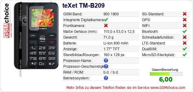 teXet TM-B209 technische Daten teXet TM-B209 technische Daten