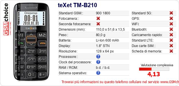 teXet TM-B210 Dati tecnici di telefono cellulare teXet TM-B210 Dati tecnici di telefono cellulare