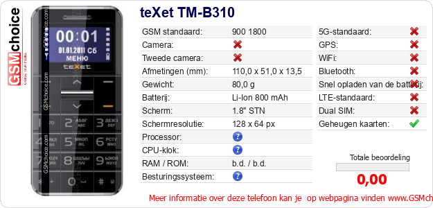 teXet TM-B310 Technische gegevens teXet TM-B310 Technische gegevens