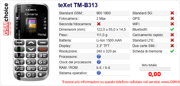 teXet TM-B313 Dati tecnici di telefono cellulare teXet TM-B313 Dati tecnici di telefono cellulare