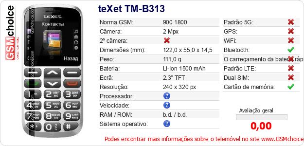 teXet TM-B313 Especificações técnicas do telemóvel teXet TM-B313 Especificações técnicas do telemóvel