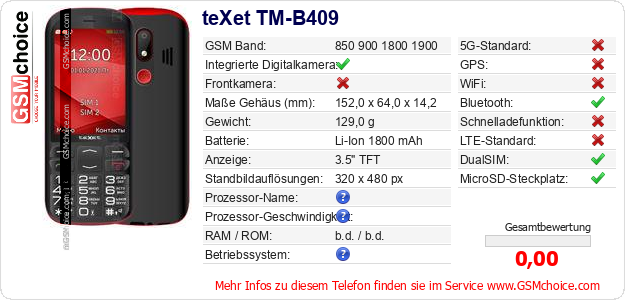 teXet TM-B409 technische Daten teXet TM-B409 technische Daten