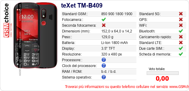 teXet TM-B409 Dati tecnici di telefono cellulare teXet TM-B409 Dati tecnici di telefono cellulare