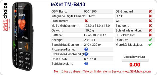 teXet TM-B410 technische Daten teXet TM-B410 technische Daten