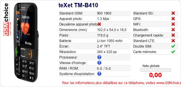 teXet TM-B410 Fiche technique teXet TM-B410 Fiche technique