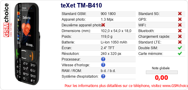 teXet TM-B410 Fiche technique teXet TM-B410 Fiche technique