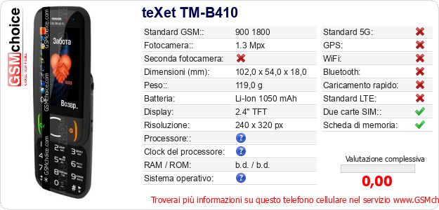 teXet TM-B410 Dati tecnici di telefono cellulare teXet TM-B410 Dati tecnici di telefono cellulare