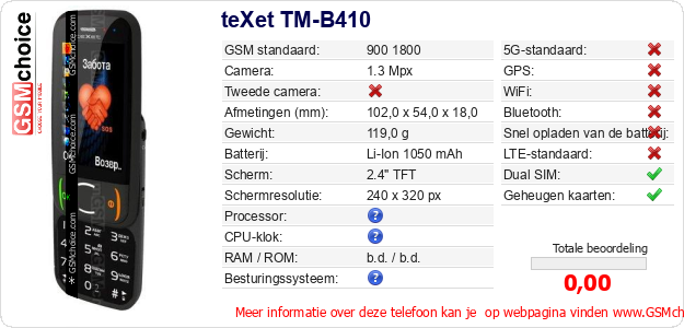 teXet TM-B410 Technische gegevens 