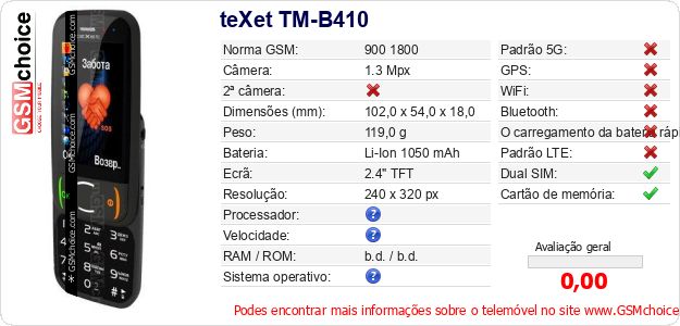 teXet TM-B410 Especificações técnicas do telemóvel 