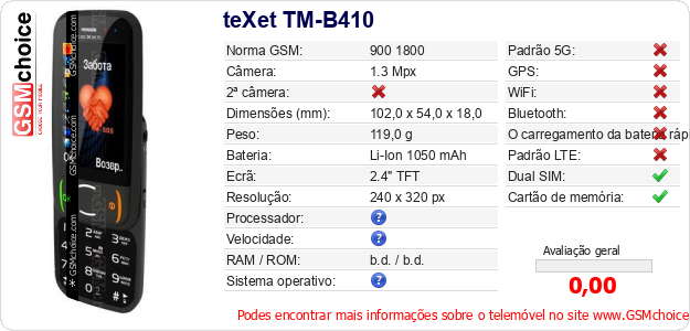 teXet TM-B410 Especificações técnicas do telemóvel 